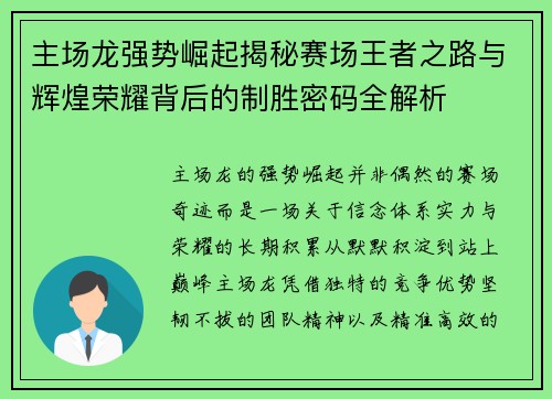 主场龙强势崛起揭秘赛场王者之路与辉煌荣耀背后的制胜密码全解析