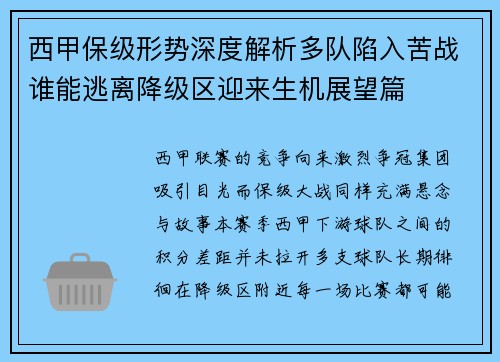 西甲保级形势深度解析多队陷入苦战谁能逃离降级区迎来生机展望篇
